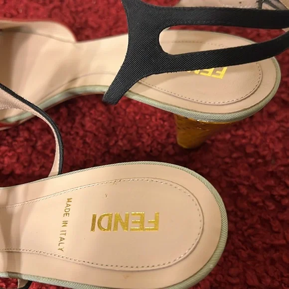Fendi Olive Faille Color Block Ankle Strap Sandals size 8 - Picture 5 of 17